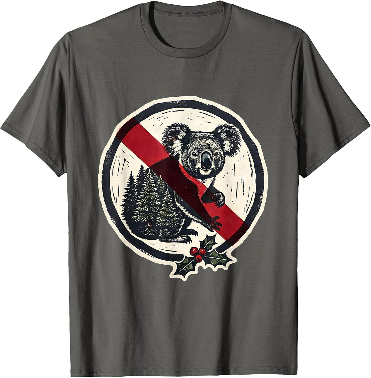 Men's Koala Badge Linocut Cute Australian Animal Lover Gift T-Shirt - Asphalt Grey