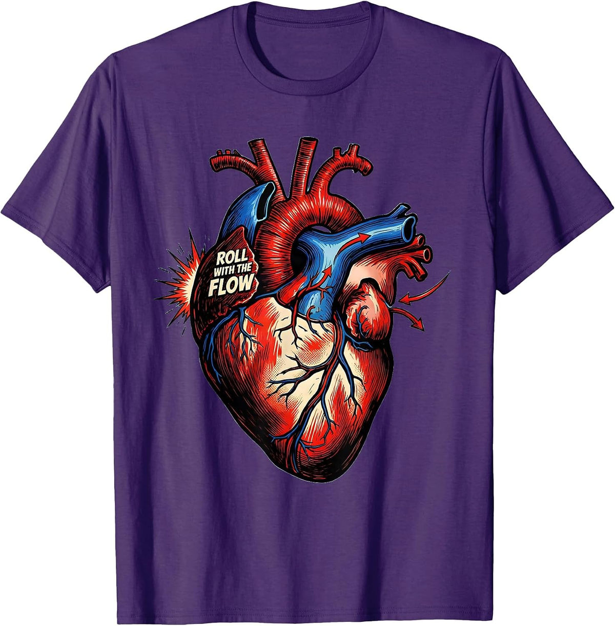 Men's Roll With The Flow Comic Book Cardiac Nurse Anatomy Humor T-Shirt - Purple