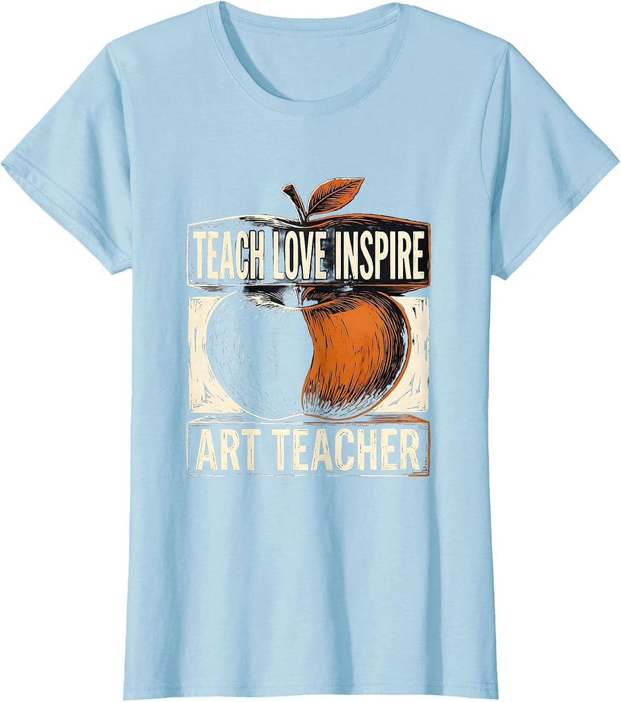 Women's Teach Love Inspire Art Teacher Linocut Back To School Gift T-Shirt - Baby Blue