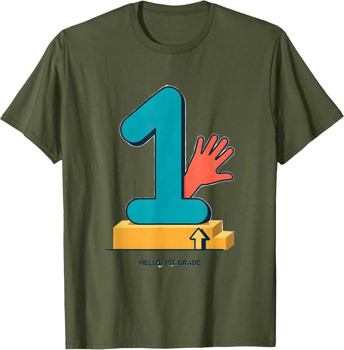Hello, 1st Grade Flat Vector Back To School Student Teacher T-Shirt - Olive Green