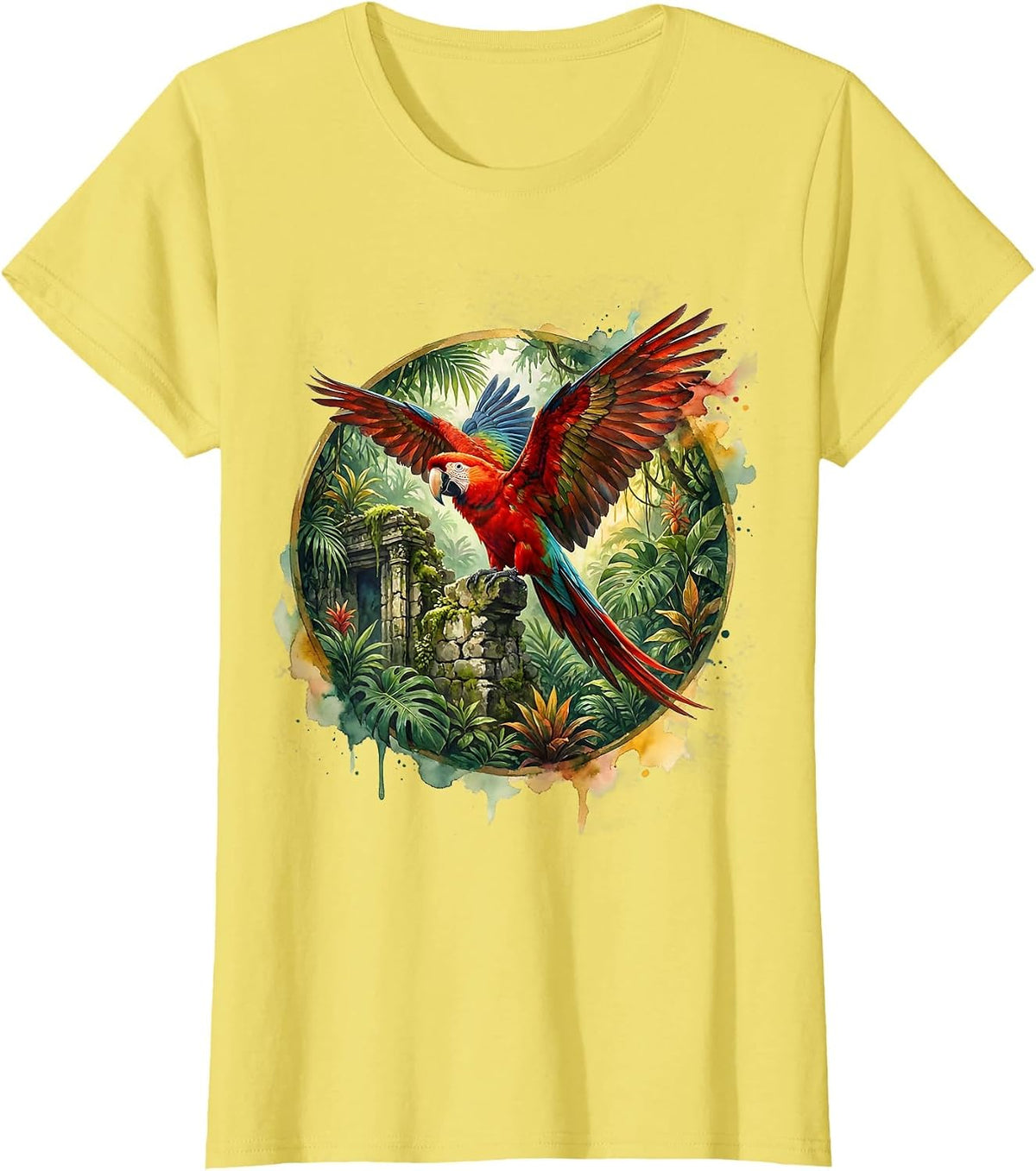Macaw on Mossy Ruins Hispanic Heritage Month T-Shirt - Lemon Yellow