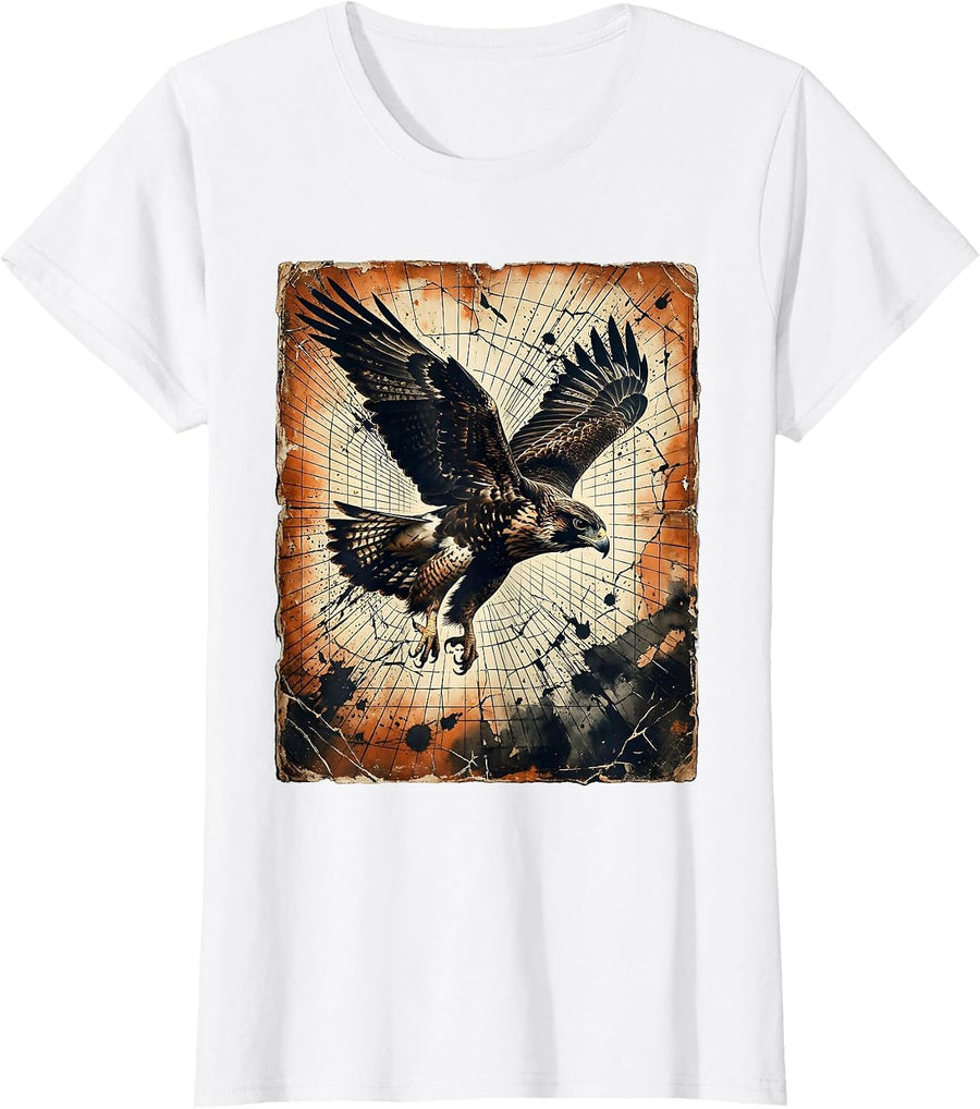 Women's Retro Falcon Dive Geometric Laser Grid 80s T-Shirt - White