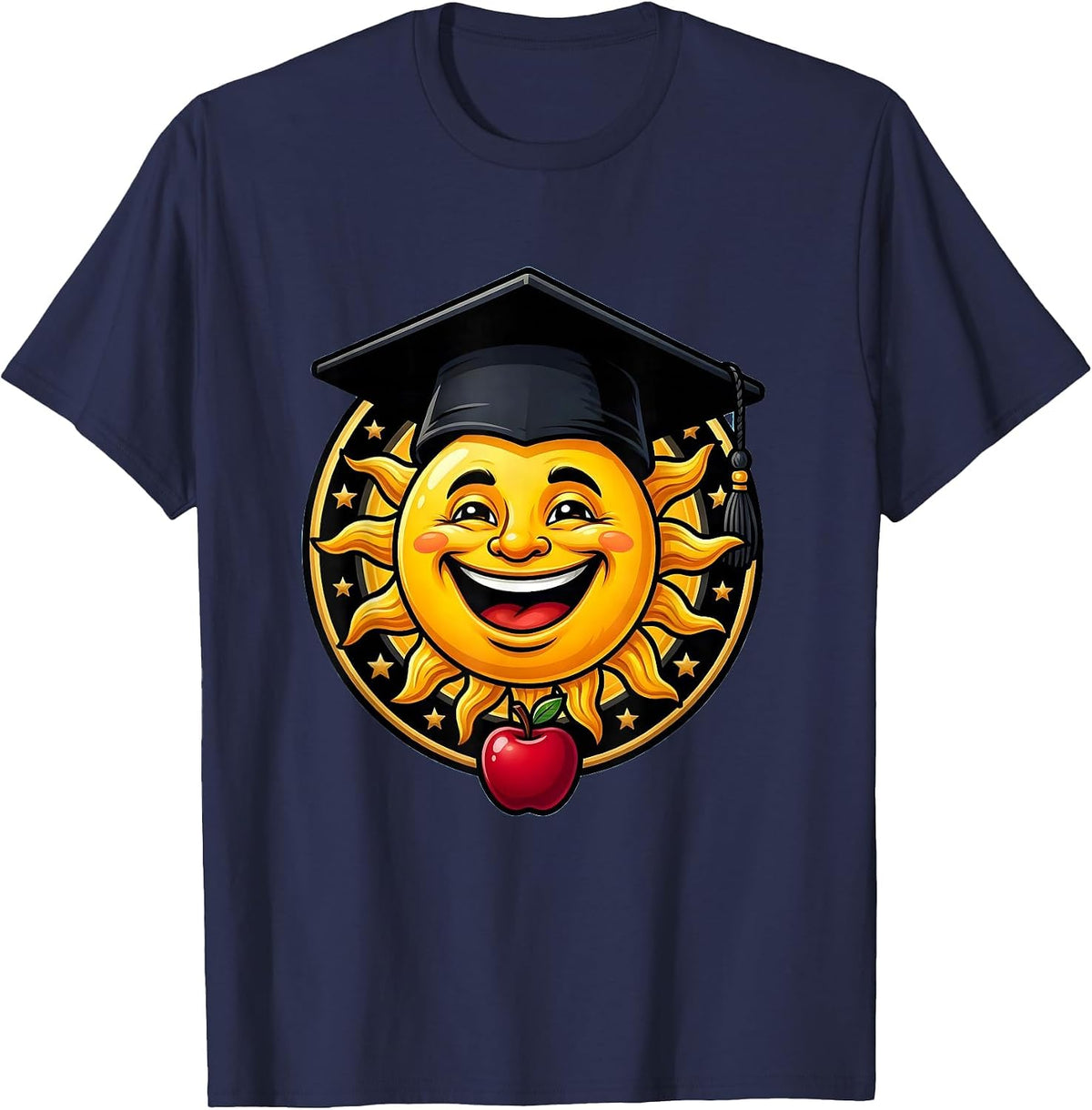 First Grade Teacher Smiling Sun Graduation Cap T-Shirt - Navy Blue