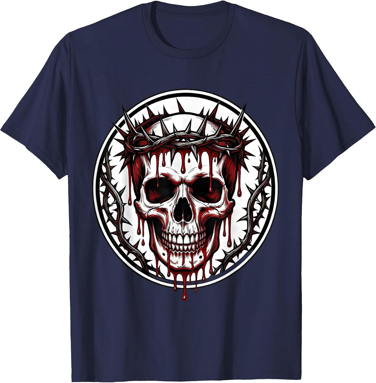 Men's Thorned Crown Dripping Blood Onto Skull Graphic T-Shirt - Navy Blue