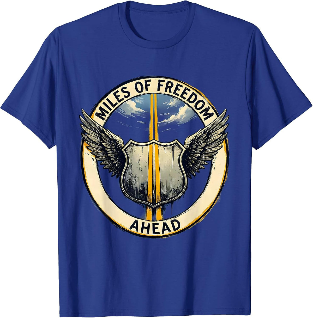 Route 66 Miles of Freedom Ahead Design T-Shirt - Royal Blue