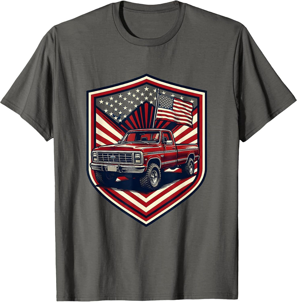 Patriotic Old Pickup Truck with Flag Graphic T-Shirt - Asphalt Grey