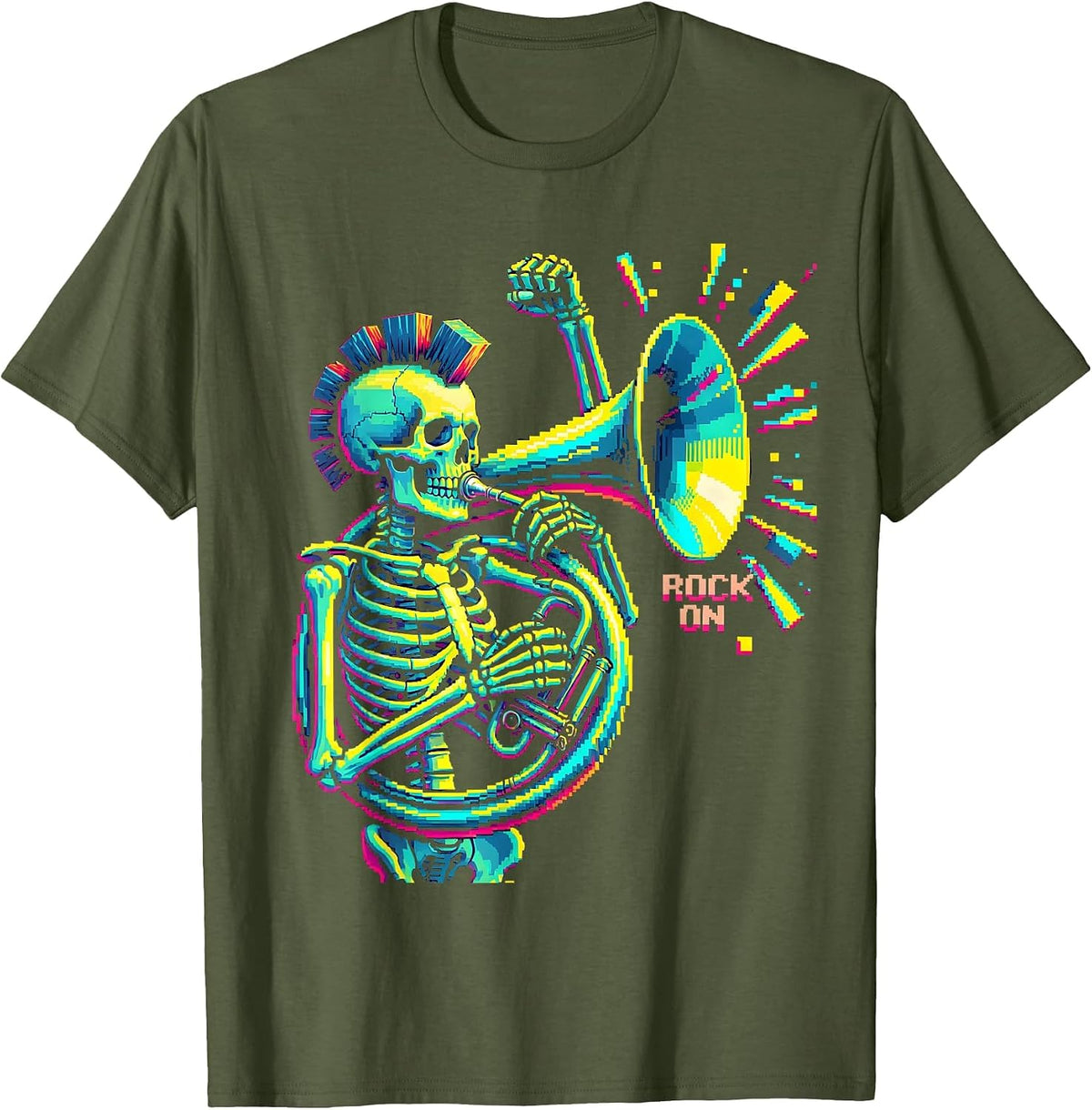 Rock On Punk Skeleton Skull Halloween Music Humor T-Shirt - Olive Green