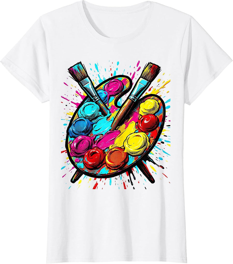 Women's Art Teacher Paint Palette Crossed Brushes Graphic T-Shirt - White