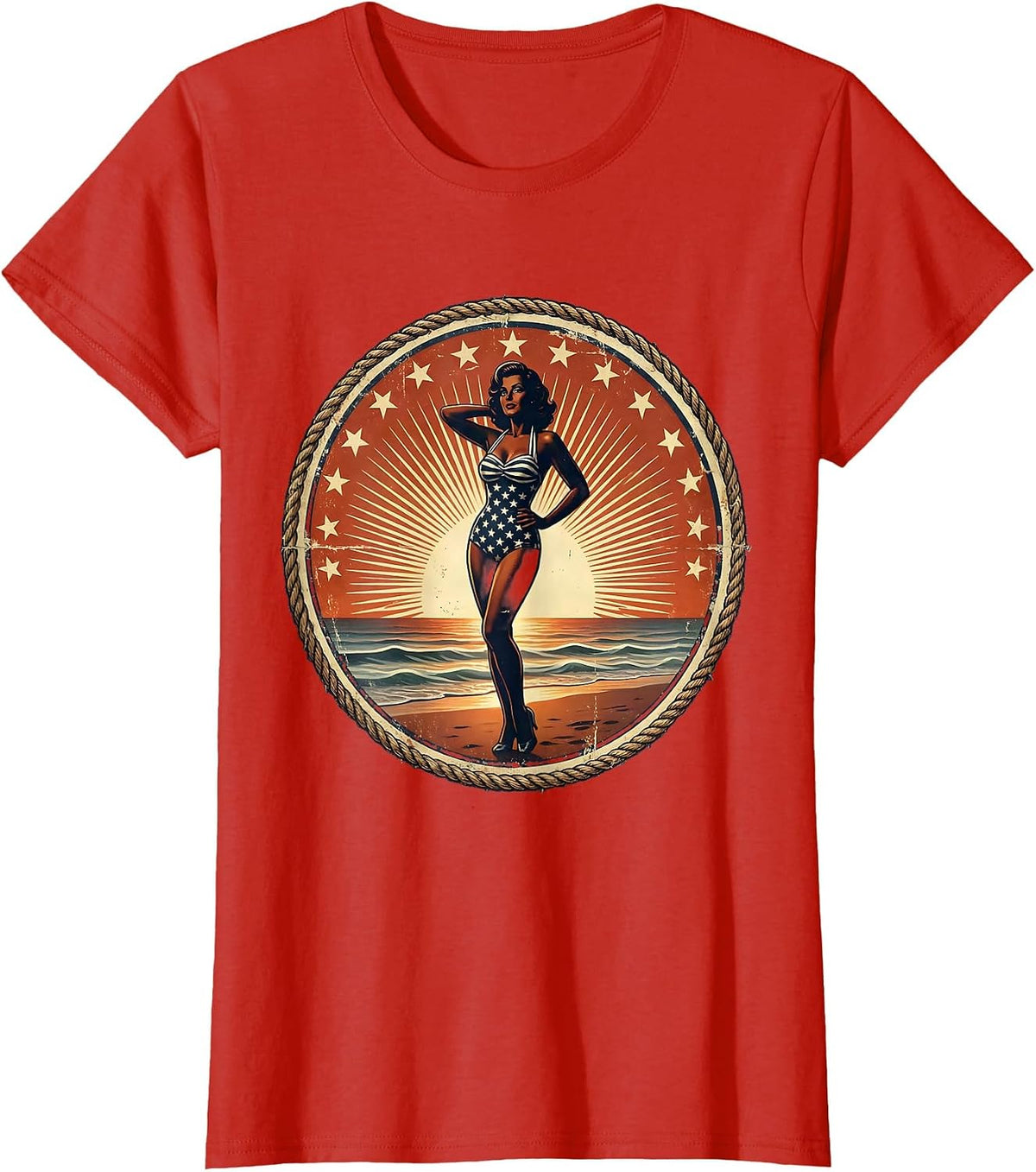 Patriotic Stars and Stripes Beachside Sunset T-Shirt - Red
