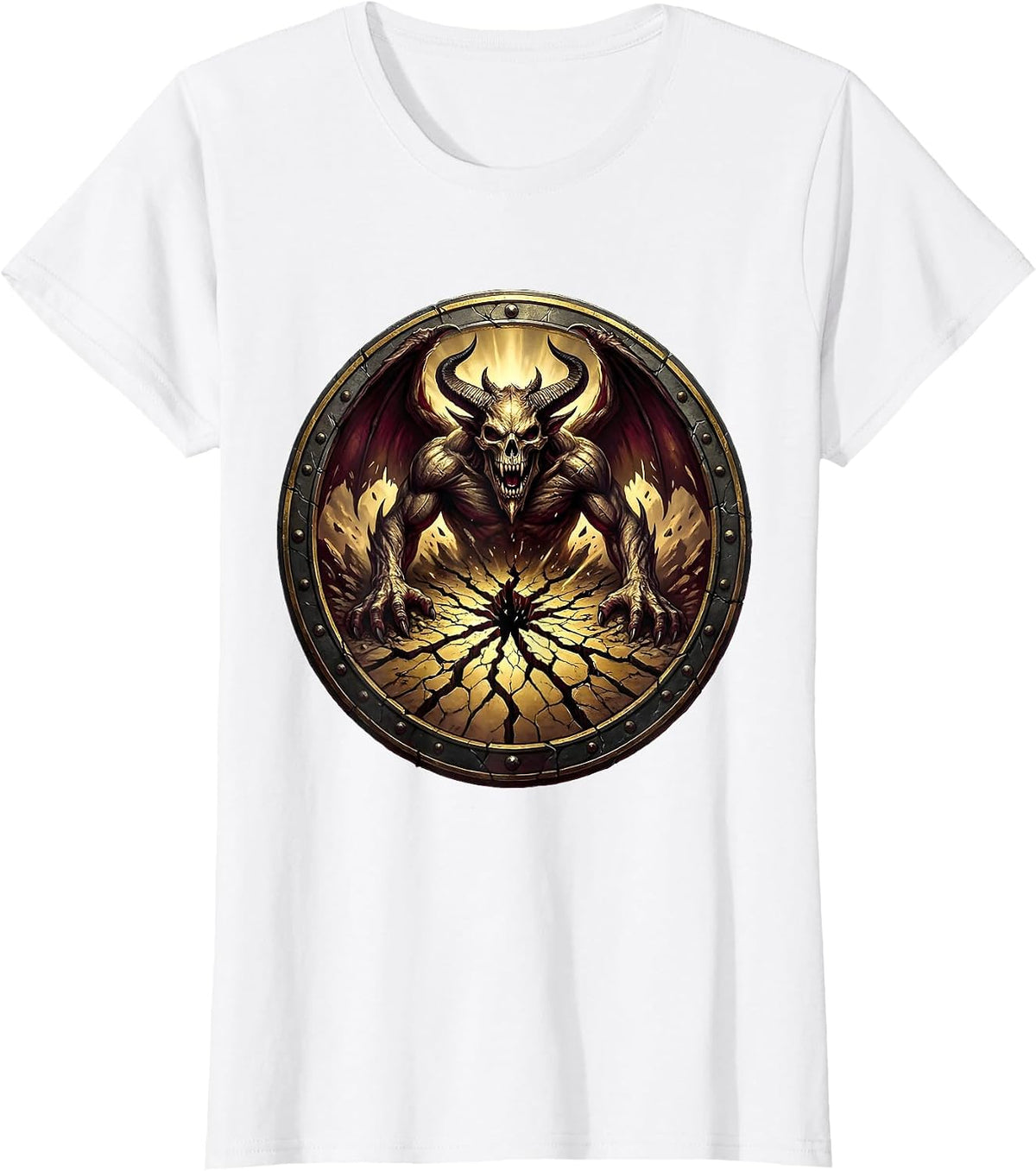 Demon Rising From Cracked Earth Heavy Metal Art T-Shirt - White