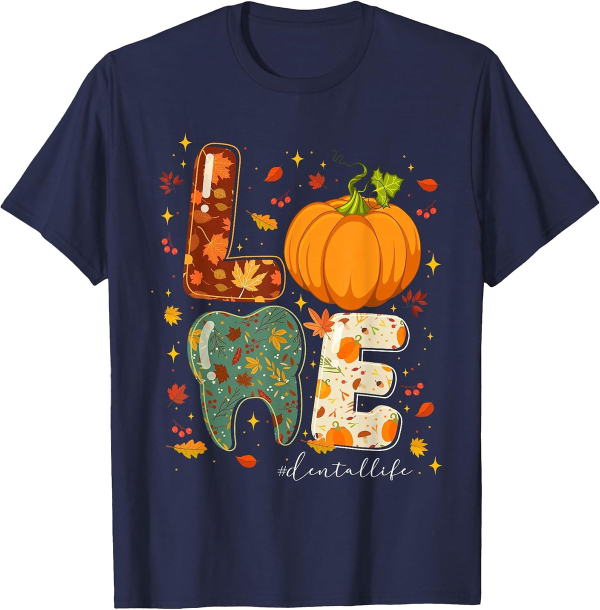 Fall Autumn Love Dental Life Pumpkin Tooth Dentist T-Shirt - Navy Blue