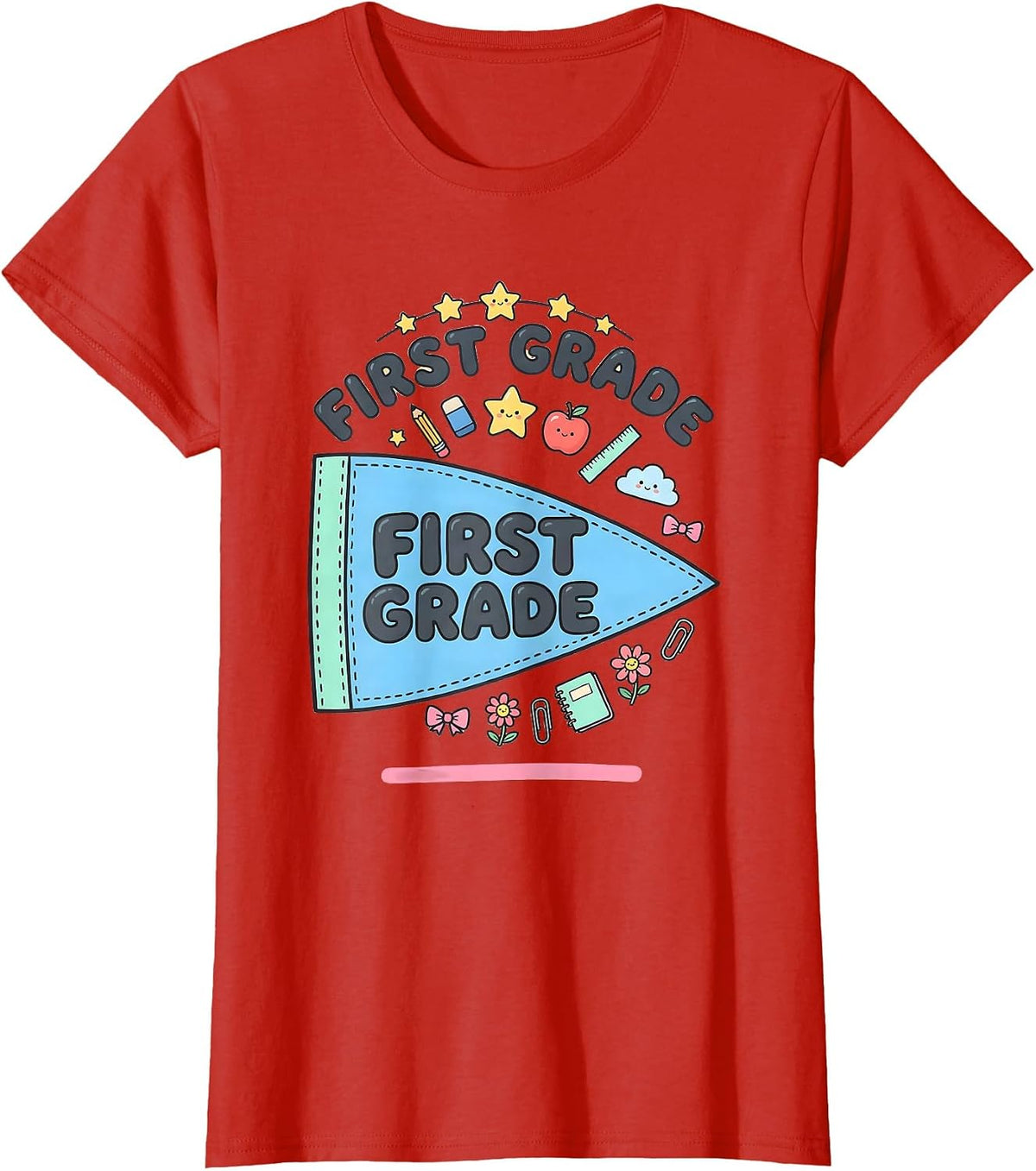 First Grade Kawaii Stationery Doodle Back to School Pennant T-Shirt - Red