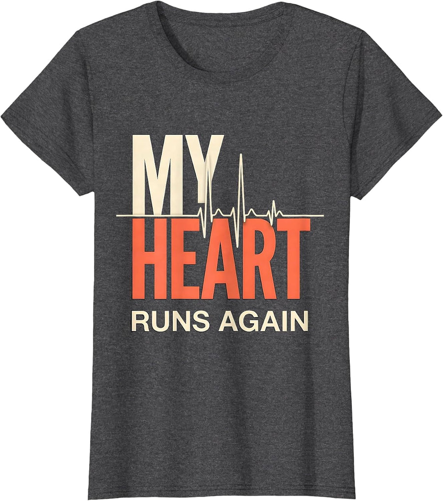 Women's My Heart Runs Again Funny Cardiac Nurse EKG Heartbeat Humor T-Shirt - Dark Heather Grey