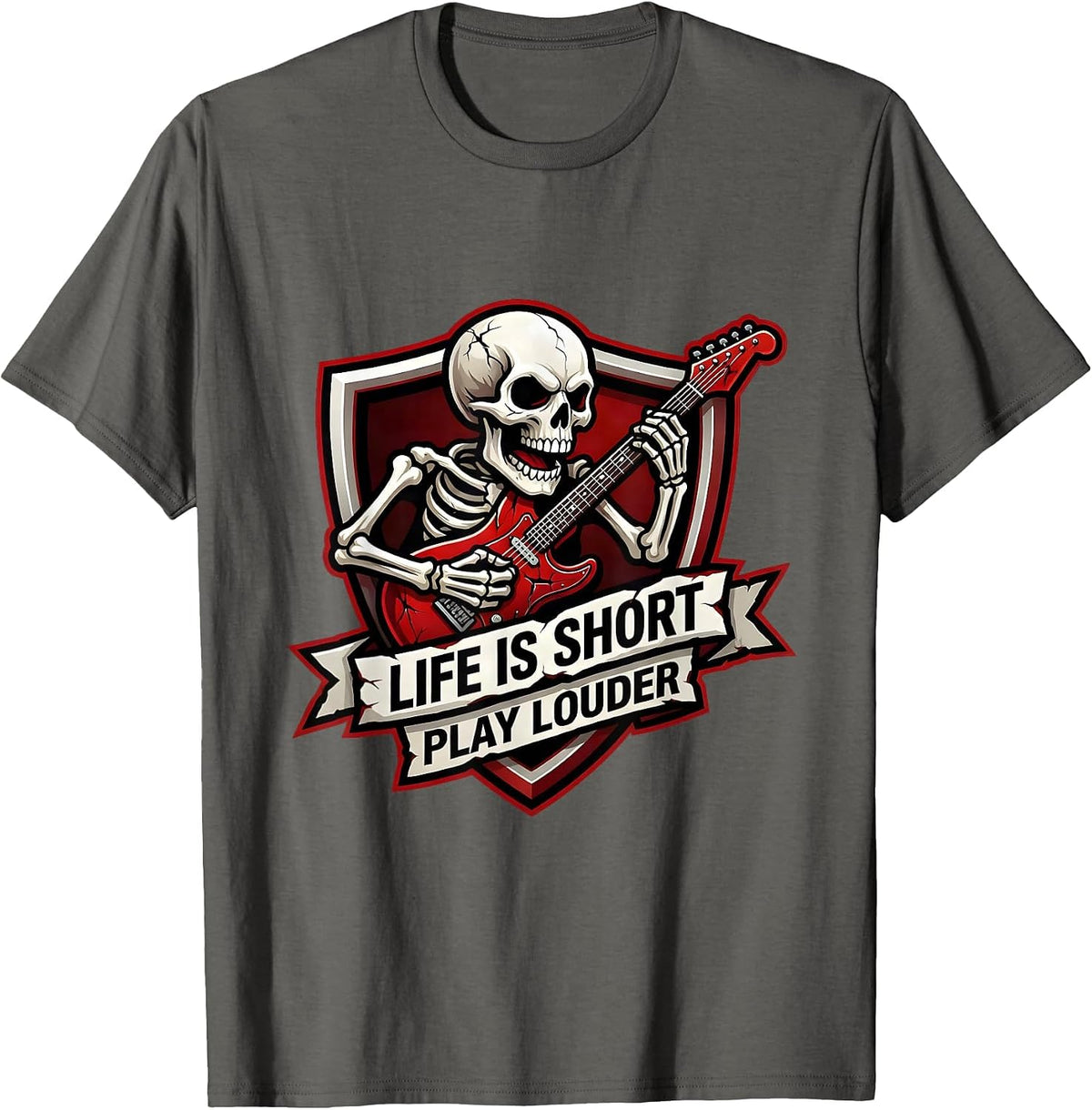 Men's Life Is Short Play Louder Death Metal Design T-Shirt - Asphalt Grey