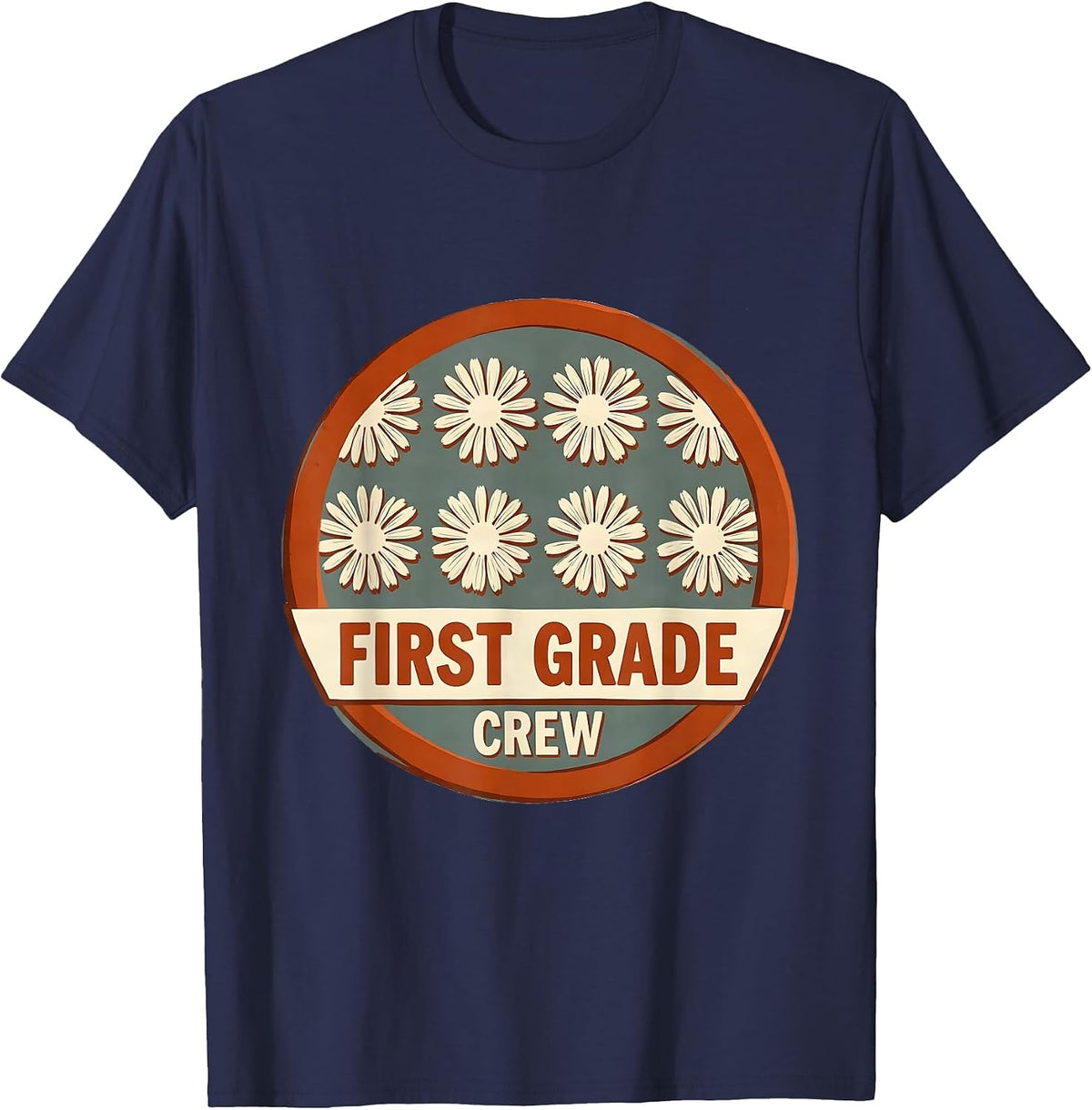Men's First Grade Crew Wildflower Floral Back To School Teacher T-Shirt - Navy Blue