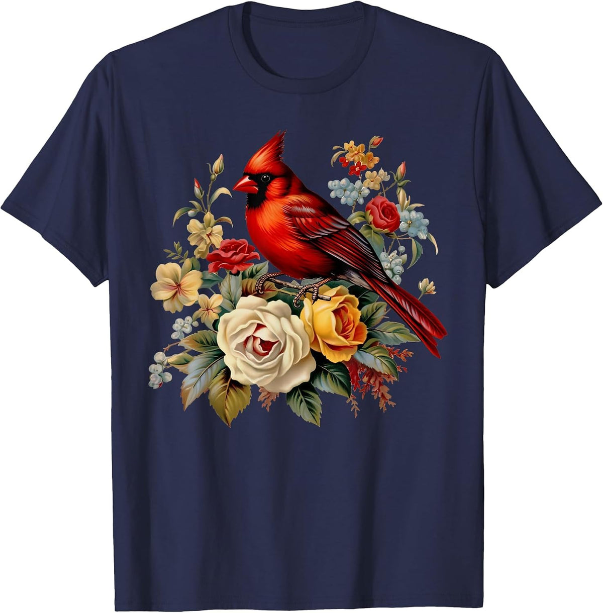 Red Cardinal Bird Roses Floral Nature Bird Watching T-Shirt - Navy Blue