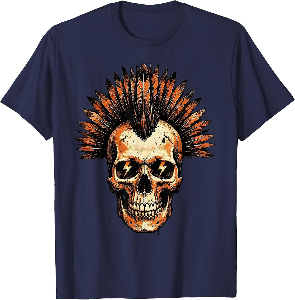 Skull Mohawk Lightning Bolt Eyes Rock Band Graphic T-Shirt - Navy Blue