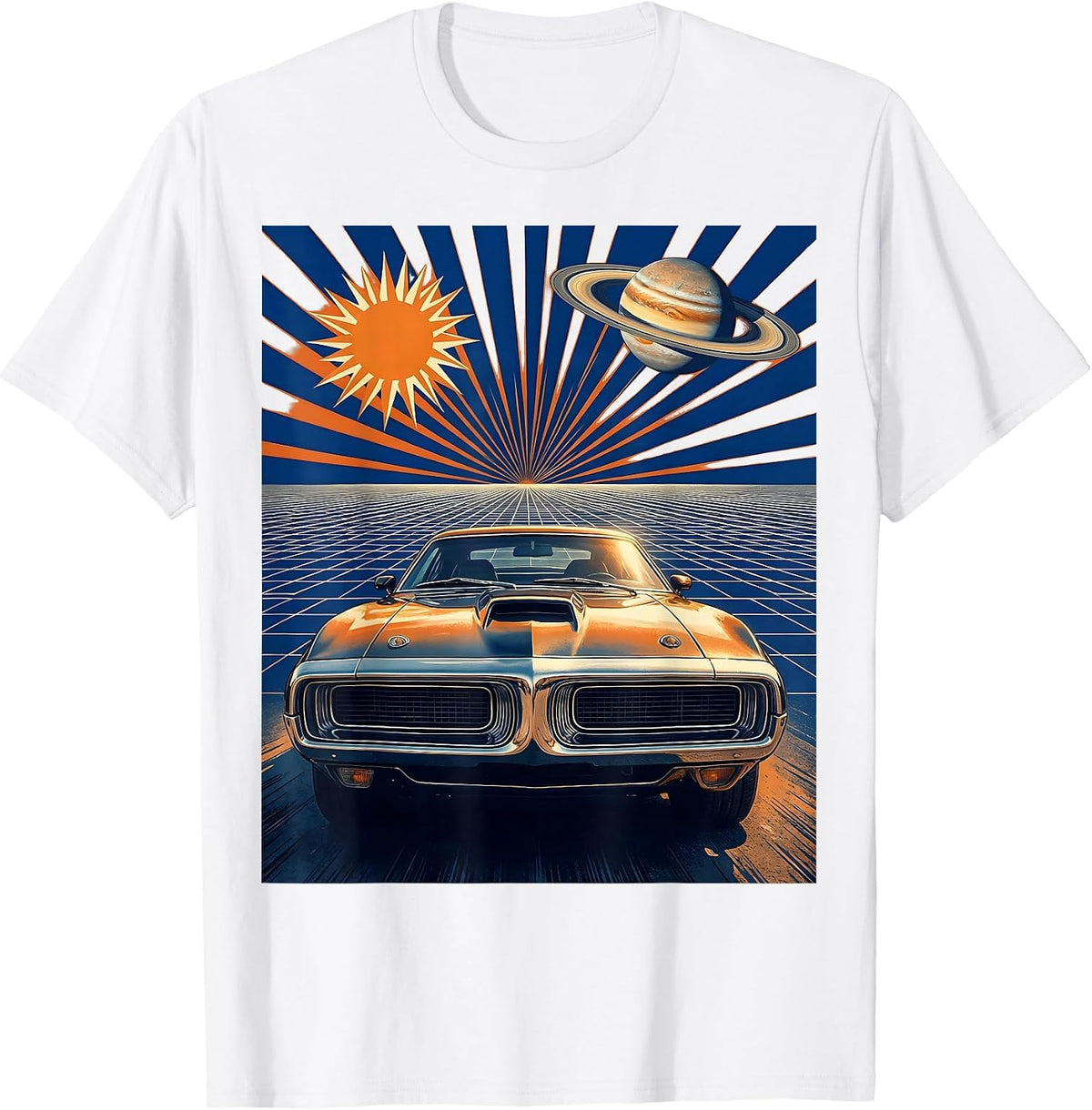 Men's 80s Neon Grid Muscle Car Retro Graphic T-Shirt - White