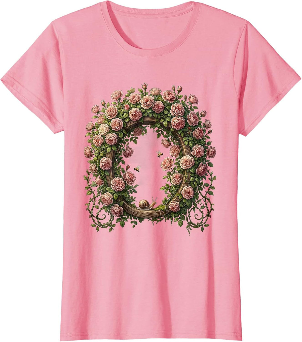 Women's Climbing Pink Roses Garden Arch Floral Design T-Shirt - Pink