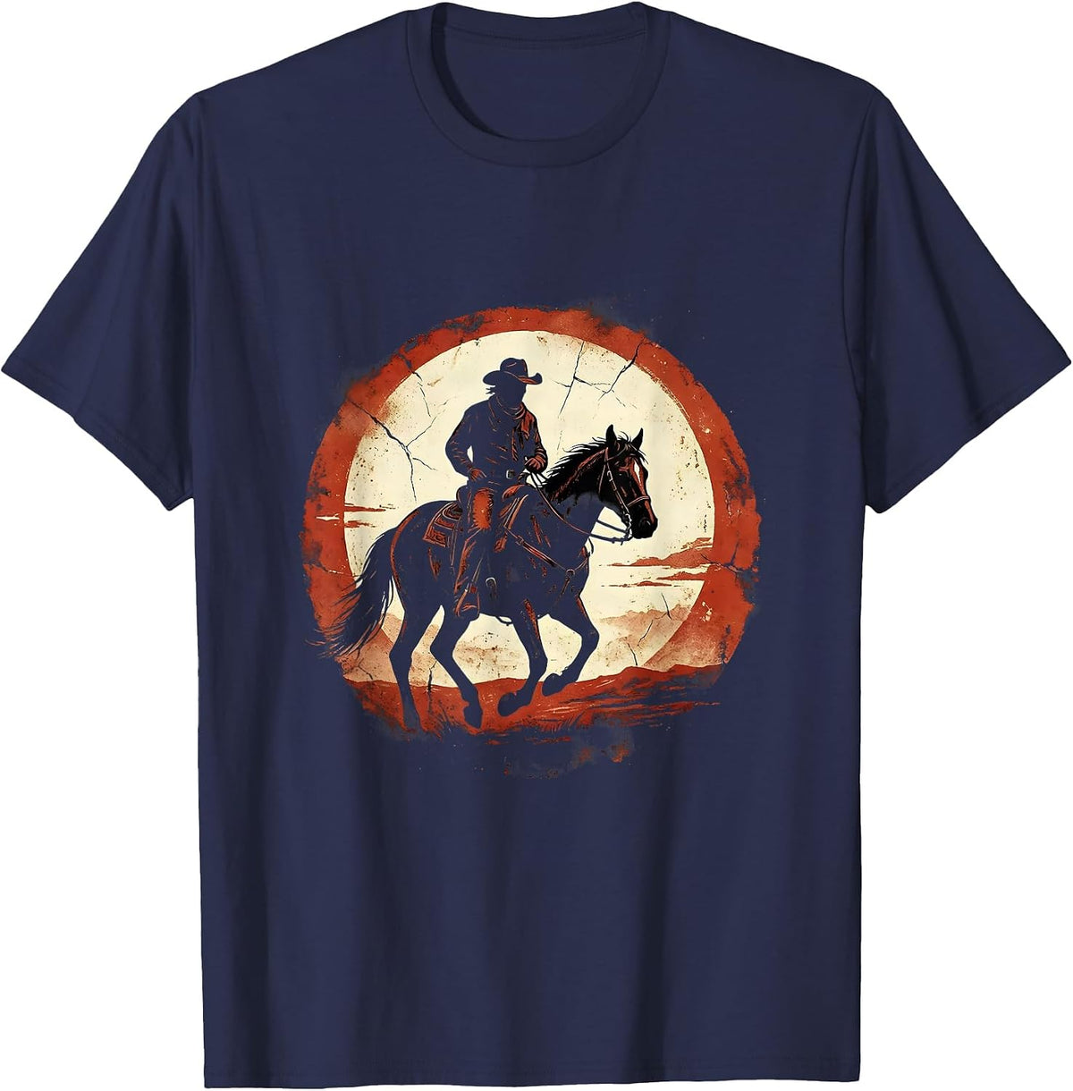 Men's Lone Cowboy Riding Into the Sunset Western Art T-Shirt - Navy Blue