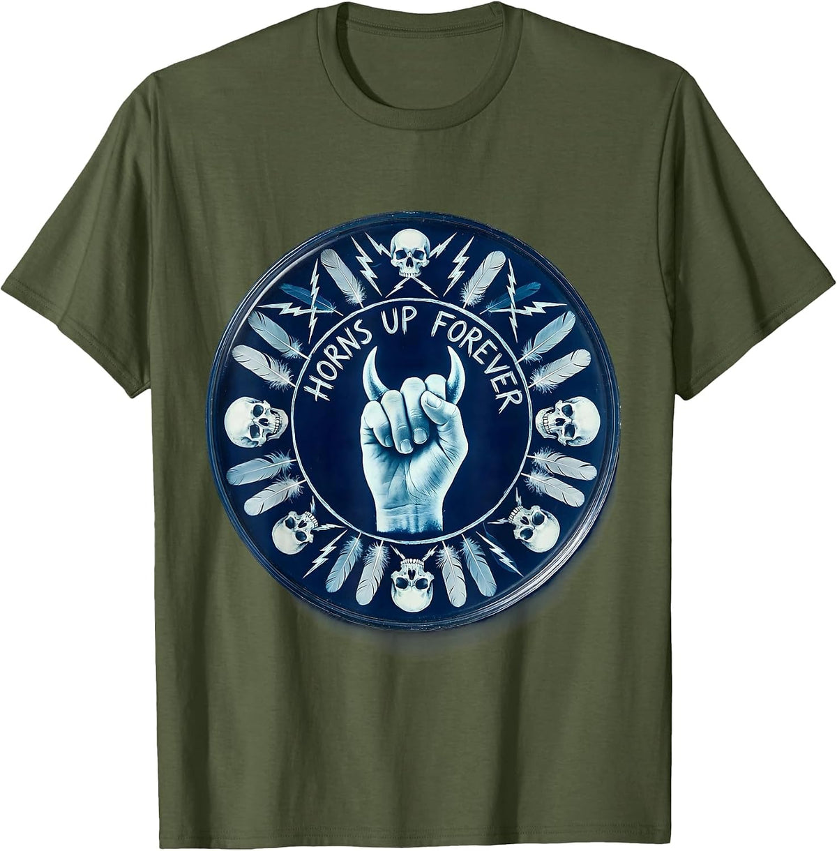 Horns Up Forever Heavy Metal Graphic Design T-Shirt - Olive Green