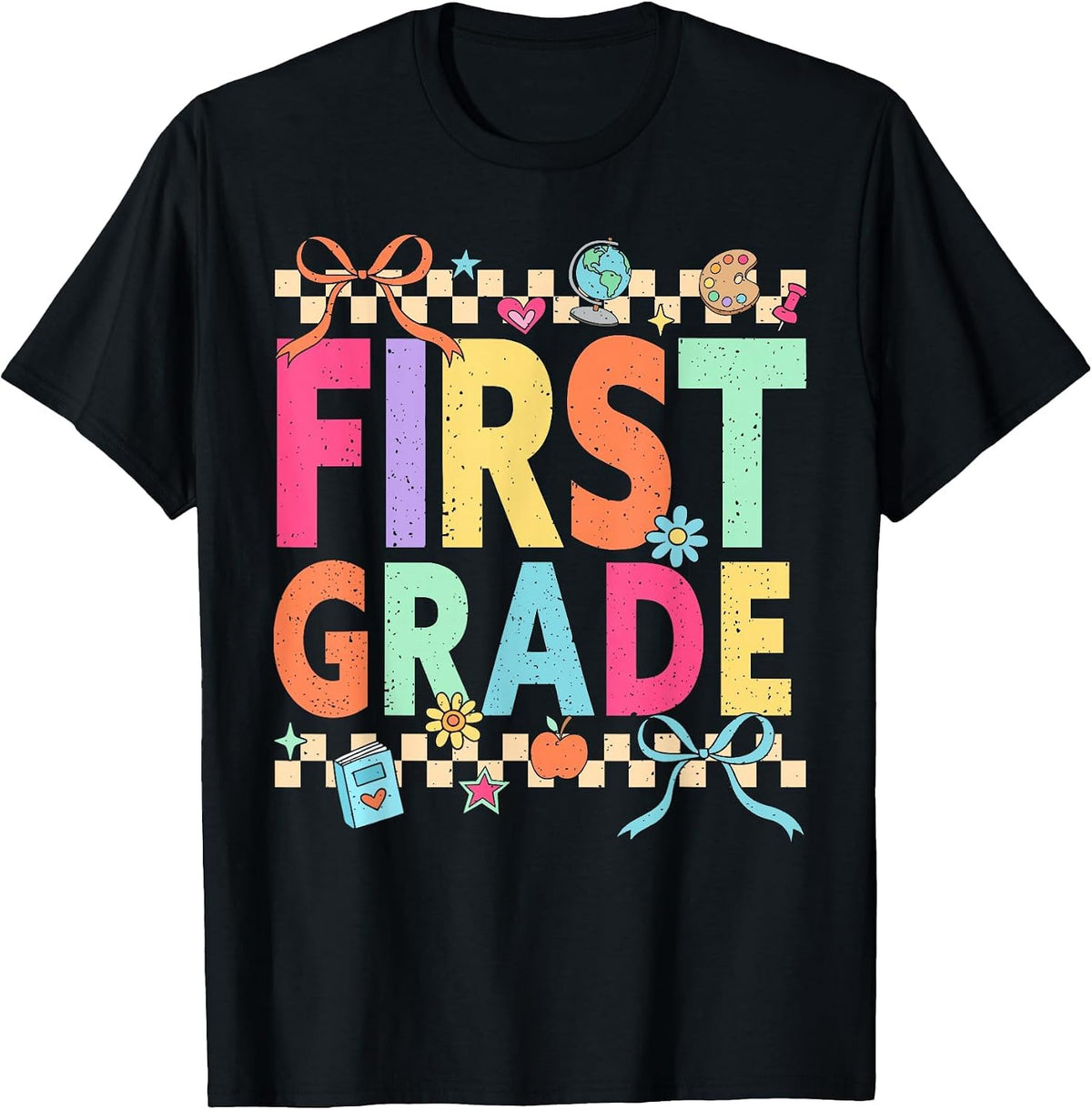 Retro First Grade Back to School 1st Grade Teacher Girl Boy T-Shirt - Black