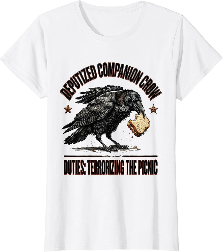 Women's Deputized Companion Crow — Duties: Terrorizing The Picnic T-Shirt - White