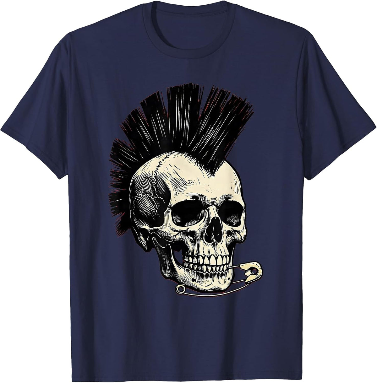 Punk Mohawk Skull Safety Pin Earring Design T-Shirt - Navy Blue