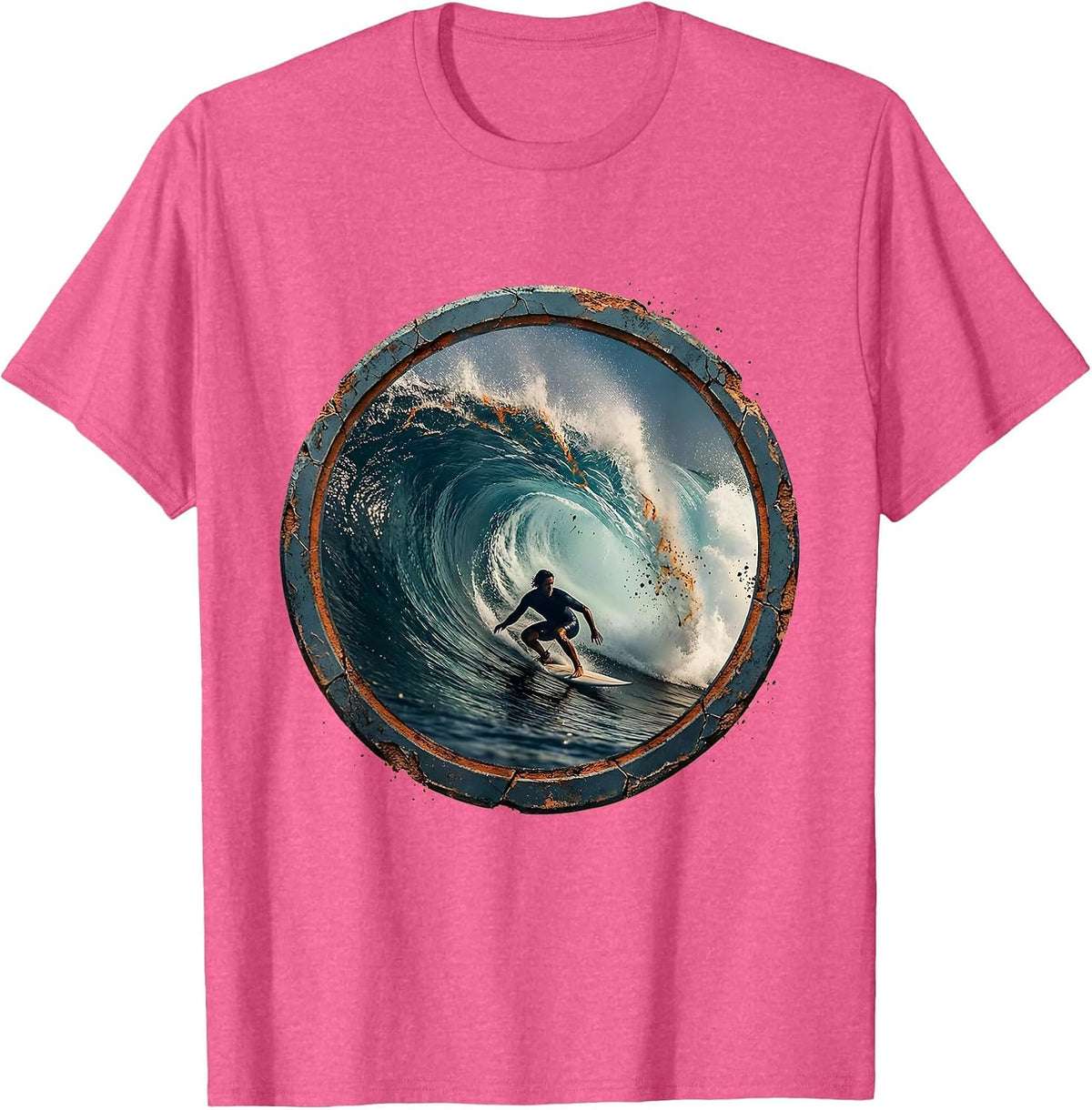 Surfer Silhouette Curling Ocean Wave Graphic T-Shirt - Pink Heather