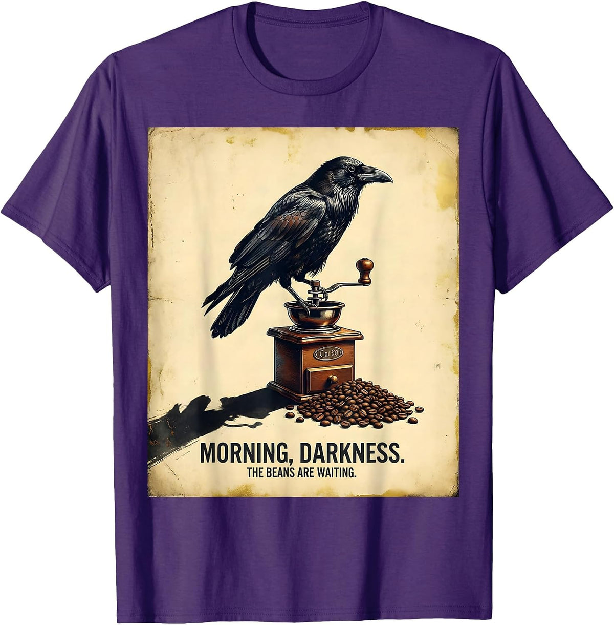 Morning, darkness. The beans are waiting. Vintage T-Shirt - Purple