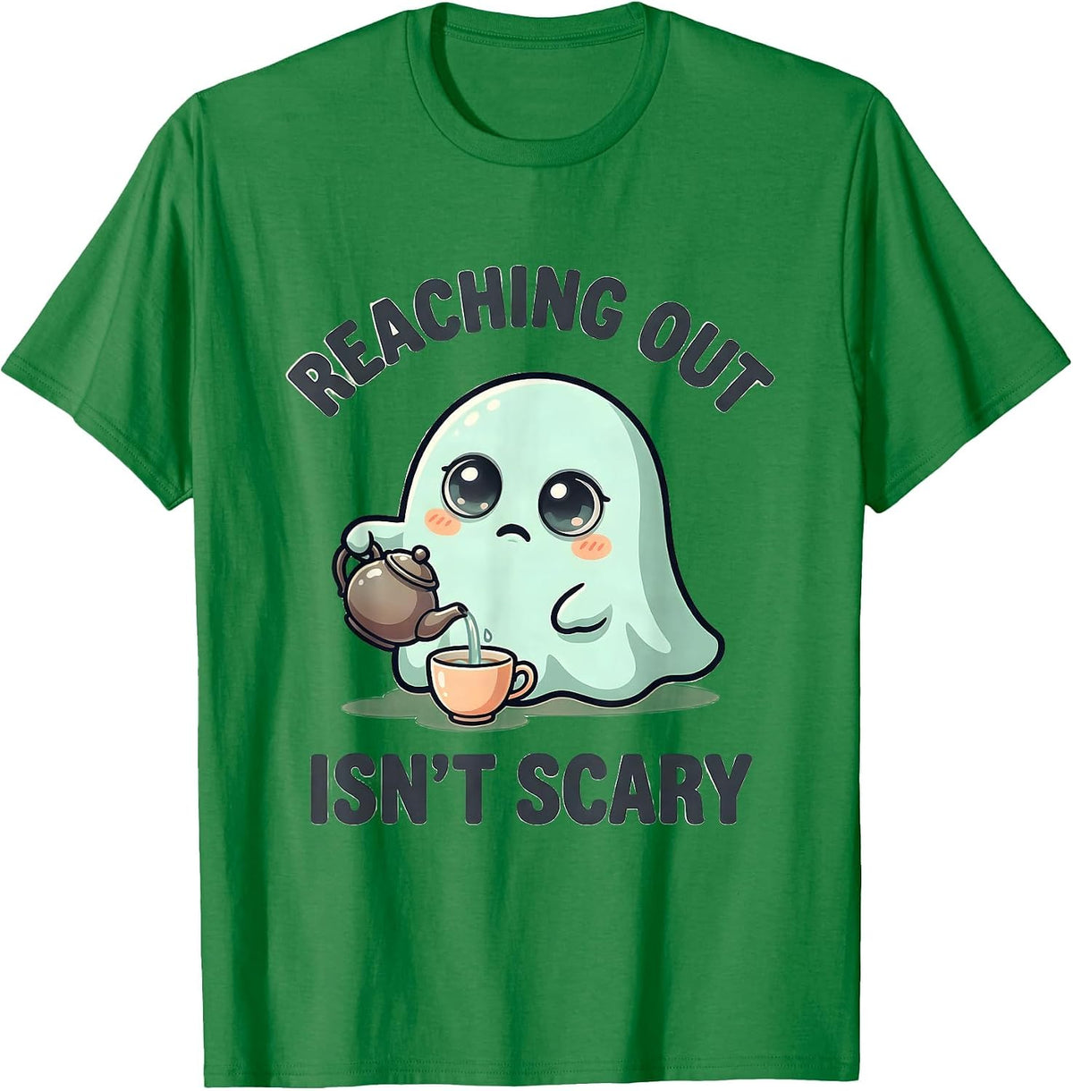Men's Reaching Out Isn't Scary Cute Kawaii Ghost Halloween Mental T-Shirt - Kelly Green