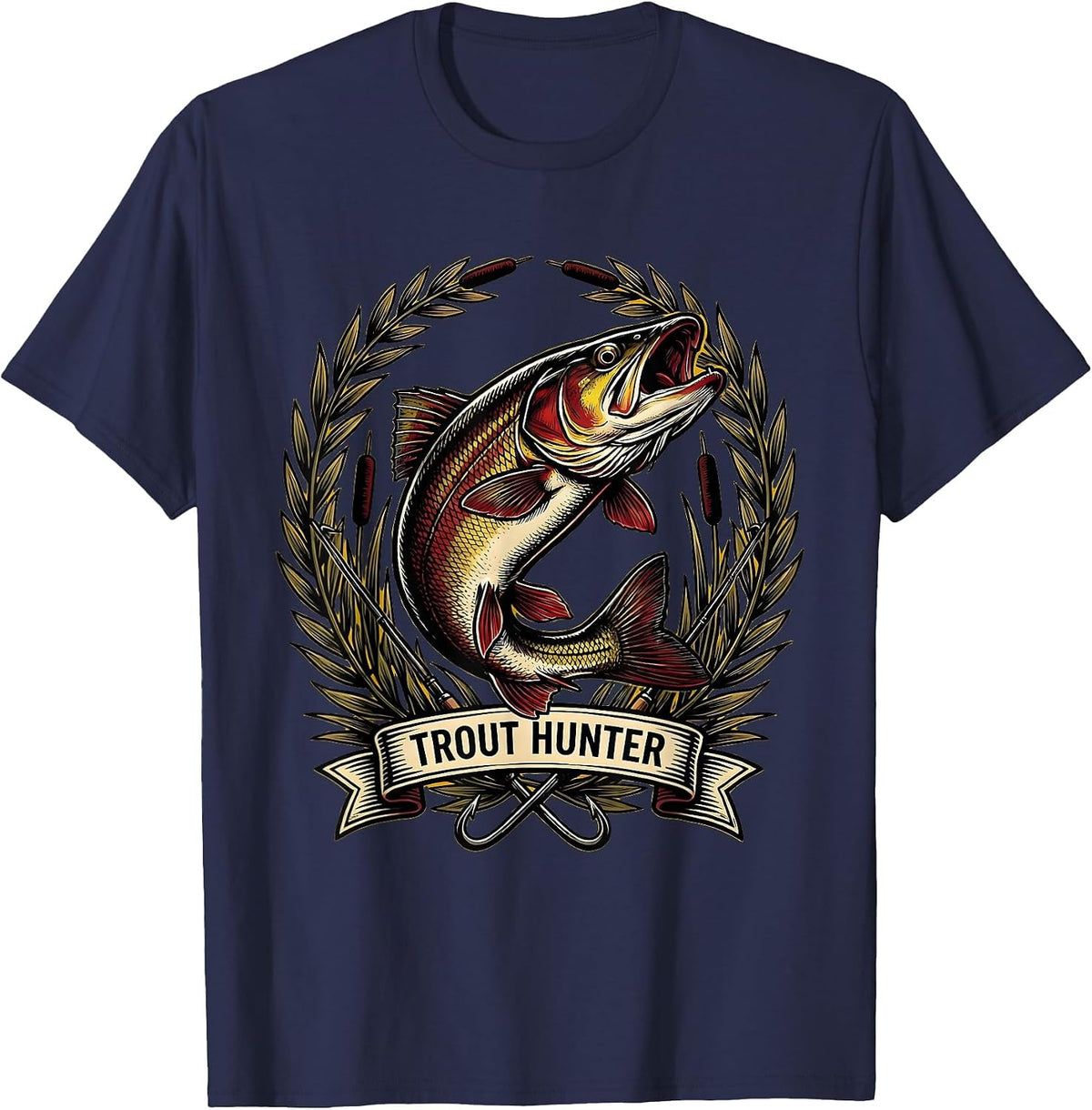 Trout Hunter Fishing Graphic Design T-Shirt - Navy Blue