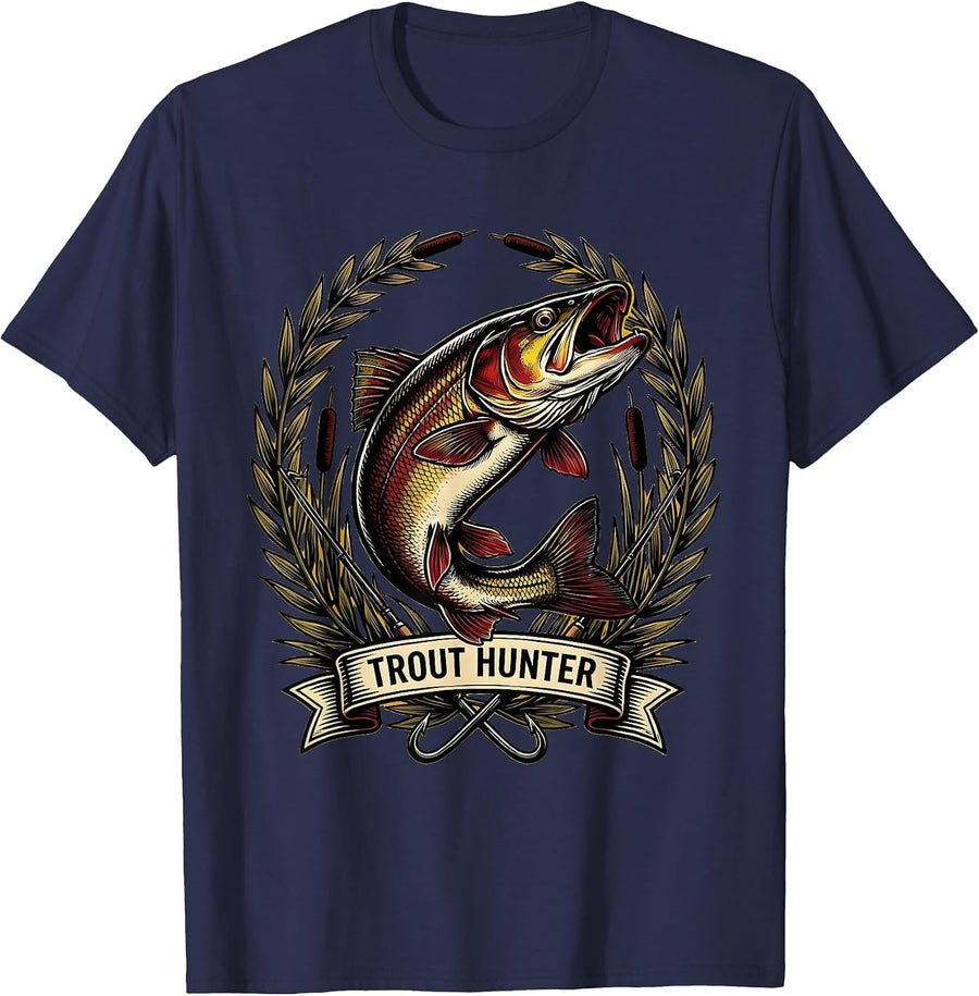 Trout Hunter Fishing Graphic Design T-Shirt - Navy Blue