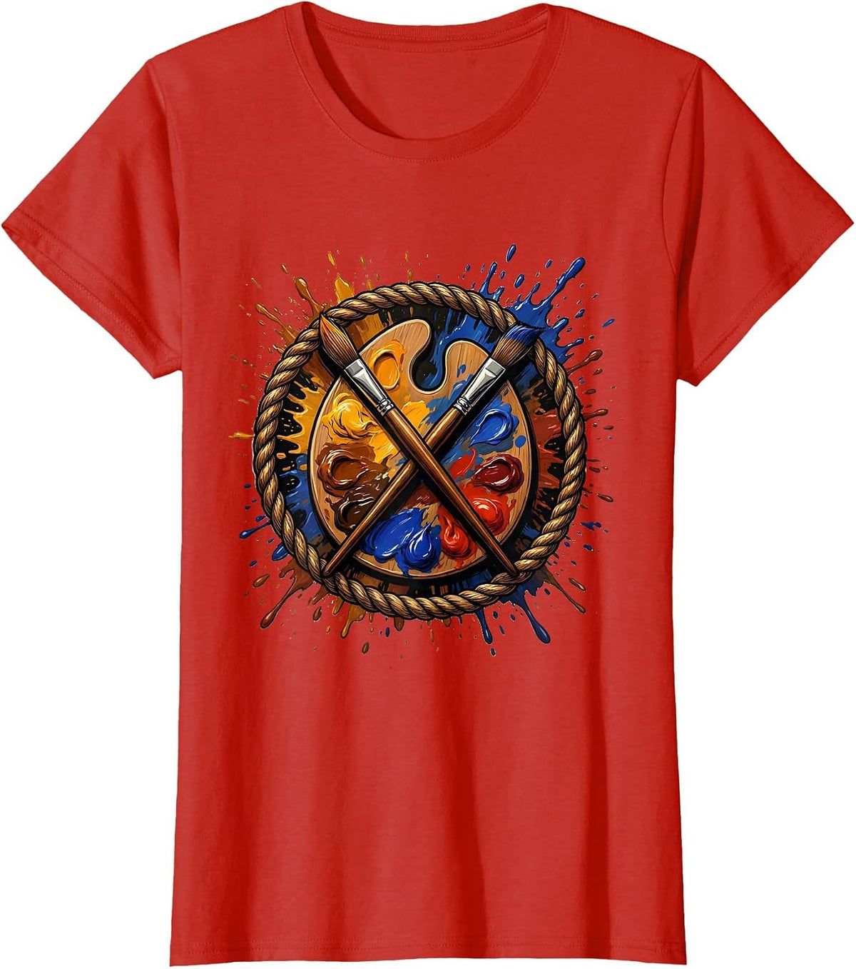 Art Teacher Paint Palette Crossed Brushes Graphic T-Shirt - Red