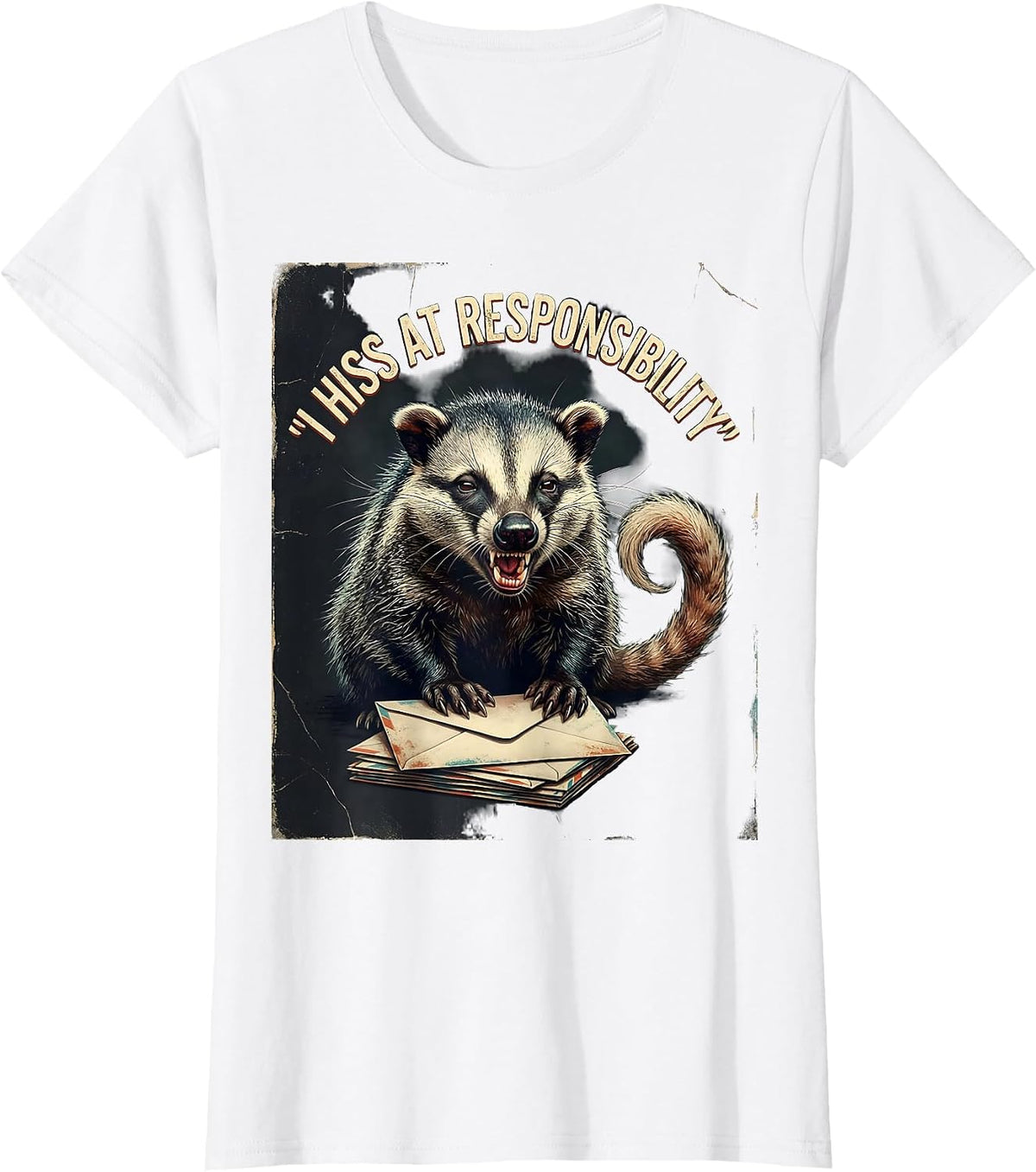 I Hiss At Responsibility Funny Opossum Possum Meme Deadpan T-Shirt - White