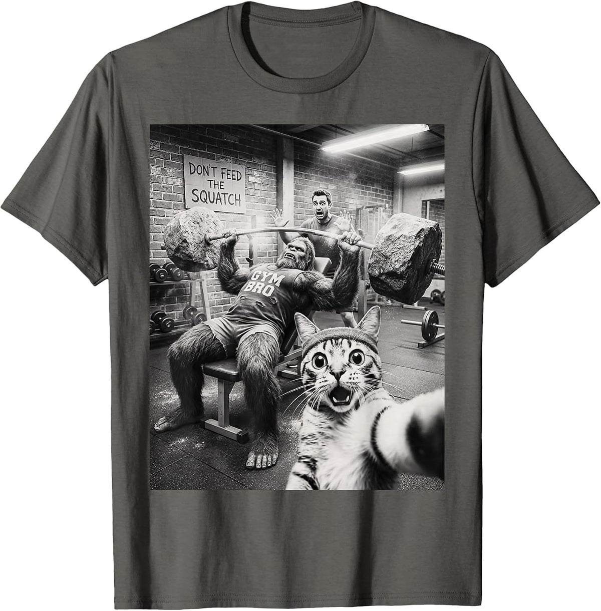 Cat Selfie Funny Bigfoot Gym Bro Weightlifting Workout T-Shirt - Asphalt Grey
