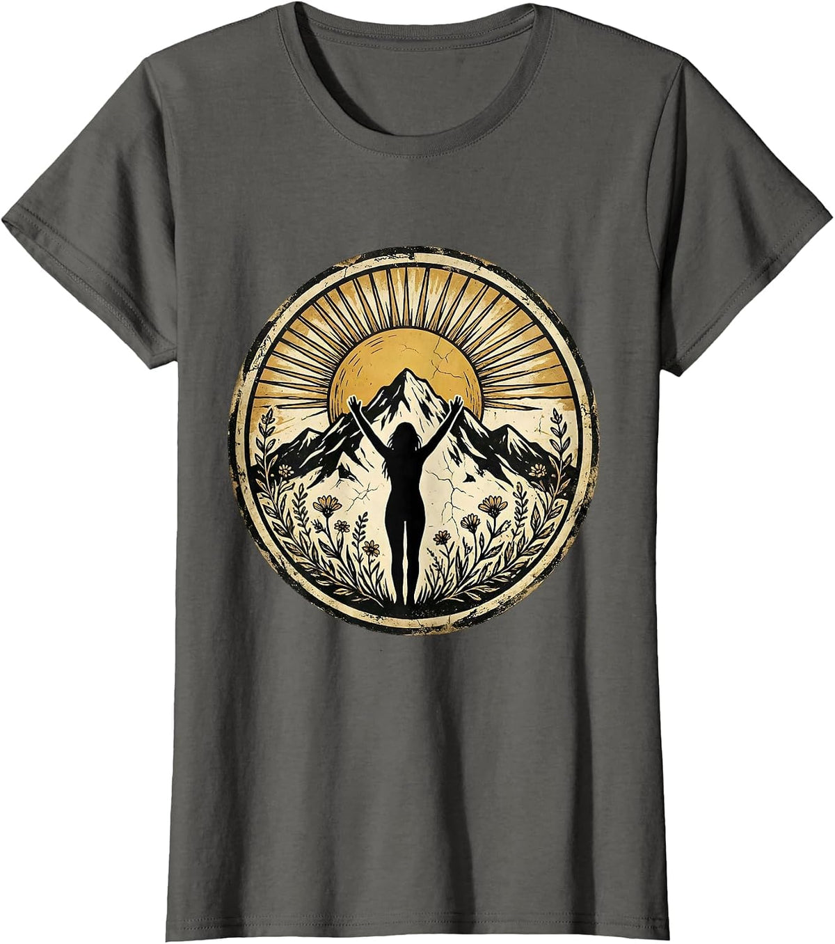 Women's Strong Woman Climbing Mountain Peak Sunrise Art T-Shirt - Asphalt Grey