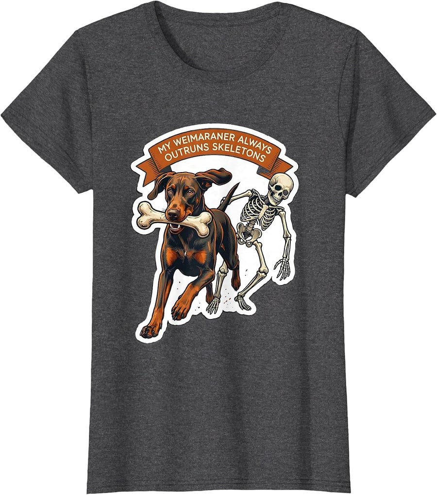 Women's My Weimaraner Always Outruns Skeletons Funny Halloween Dog T-Shirt - Dark Heather Grey
