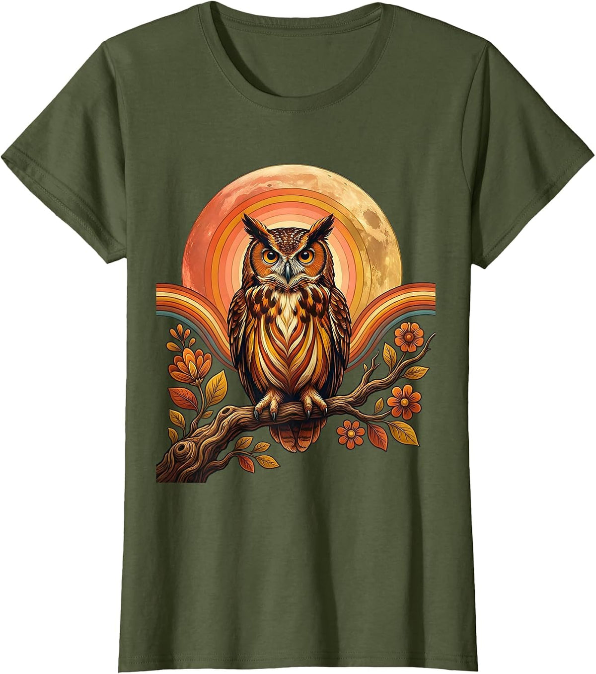 Women's Mexico Owl Moon Night Perched Branch Design T-Shirt - Olive Green
