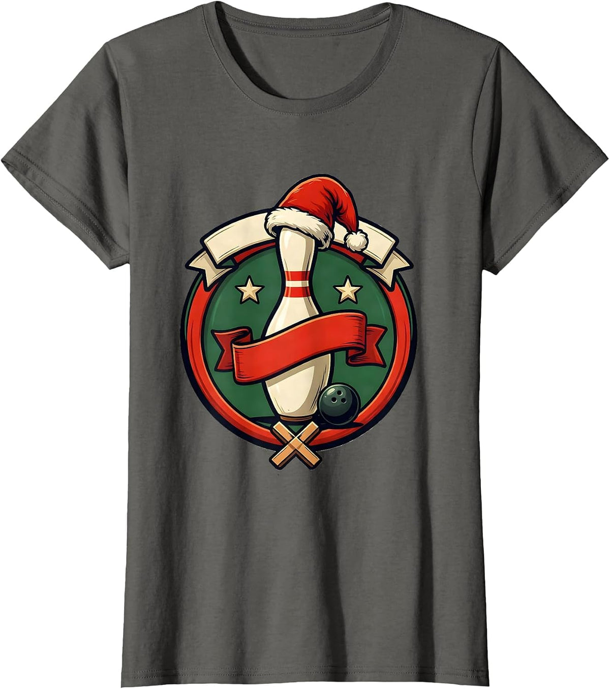 Women's Bowling Pin Santa Hat Christmas Humor Team Player T-Shirt - Asphalt Grey