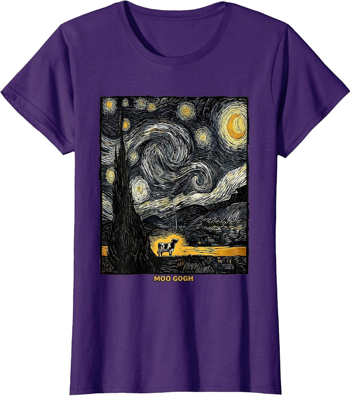 Women's Moo Gogh Whimsical Cow Art Lover Gift for Pet Owners T-Shirt - Purple