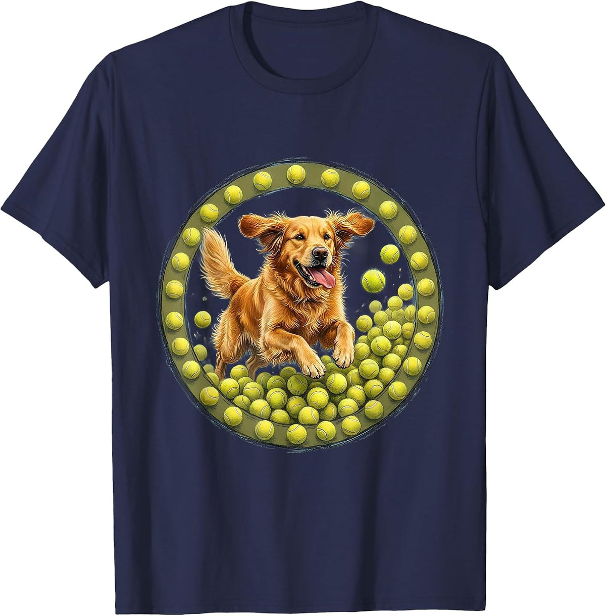 Dog Bursting Through Tennis Balls Graphic T-Shirt - Navy Blue