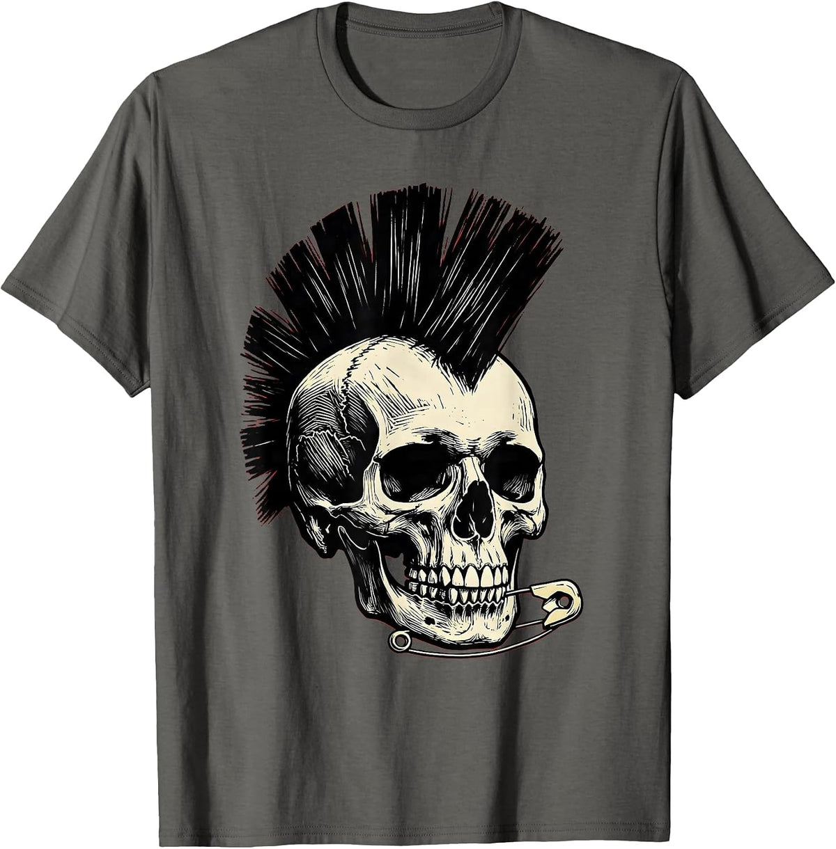 Punk Mohawk Skull Safety Pin Earring Design T-Shirt - Asphalt Grey