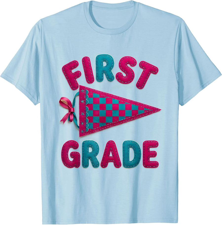 Men's First Grade Cheerful Pennant Back To School Girl T-Shirt - Baby Blue