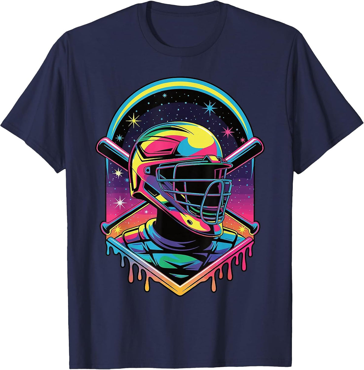 Dripping Baseball Catcher Mask Baseball Vaporwave Bat T-Shirt - Navy Blue