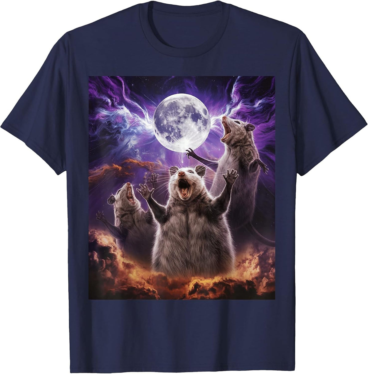 Three Possum Moon 3 Opossum Funny Weird Cursed Meme T-Shirt - Navy Blue