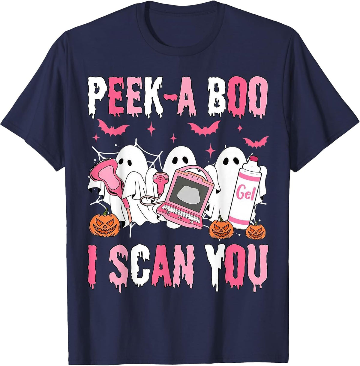 Peek A Boo I Scan You Spooky Sonographer Ultrasound Tech T-Shirt - Navy Blue