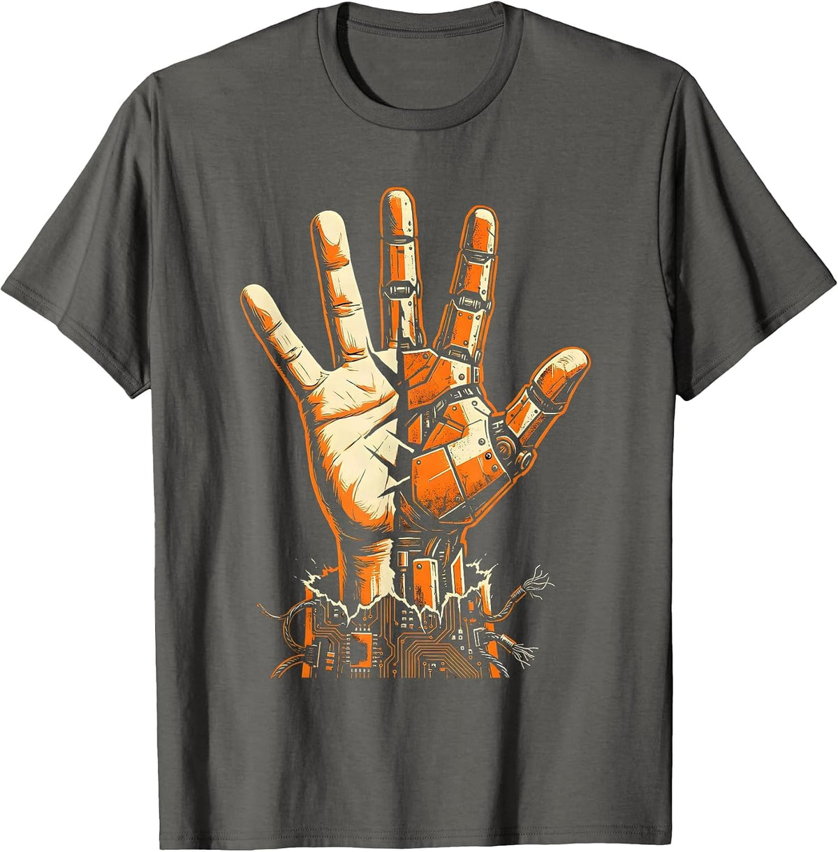Men's Cyberpunk Half-Machine Hand Reaching Upward T-Shirt - Asphalt Grey
