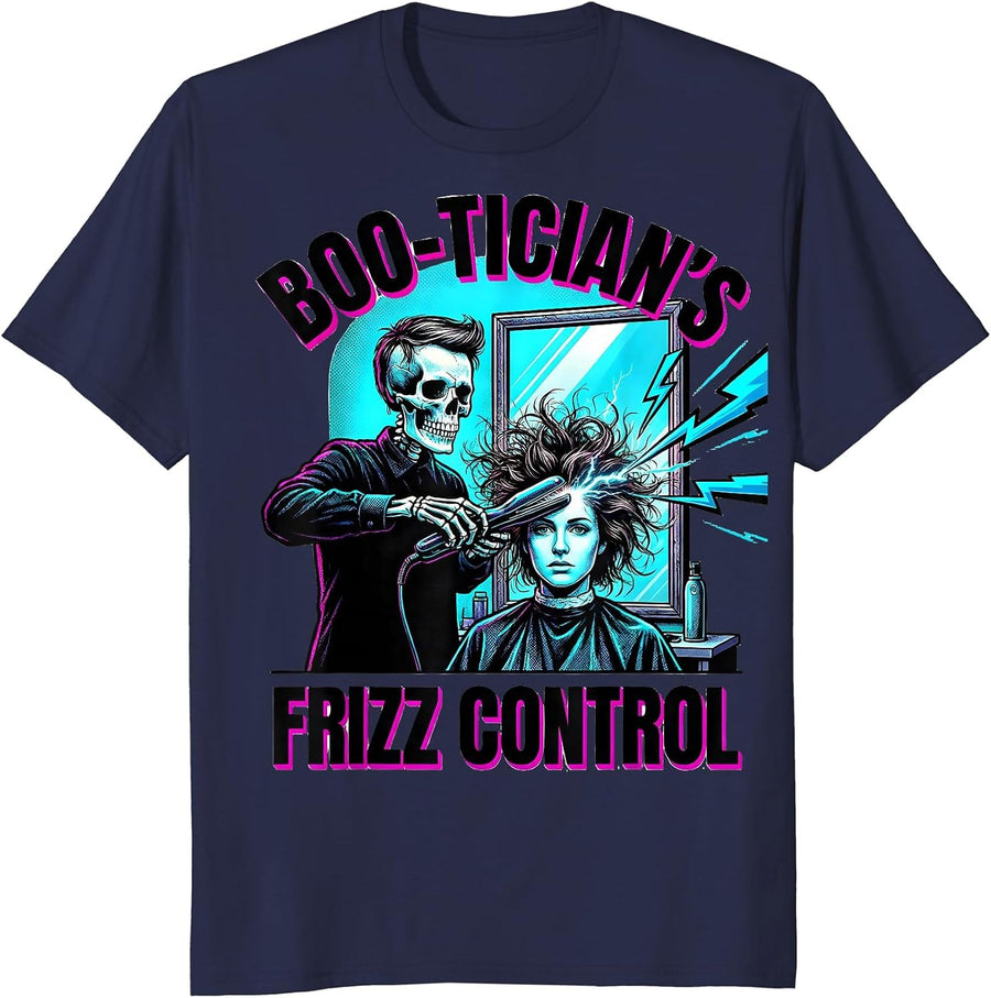 Boo-tician's Frizz Control Pop Art Skeleton Hairstylist T-Shirt - Navy Blue