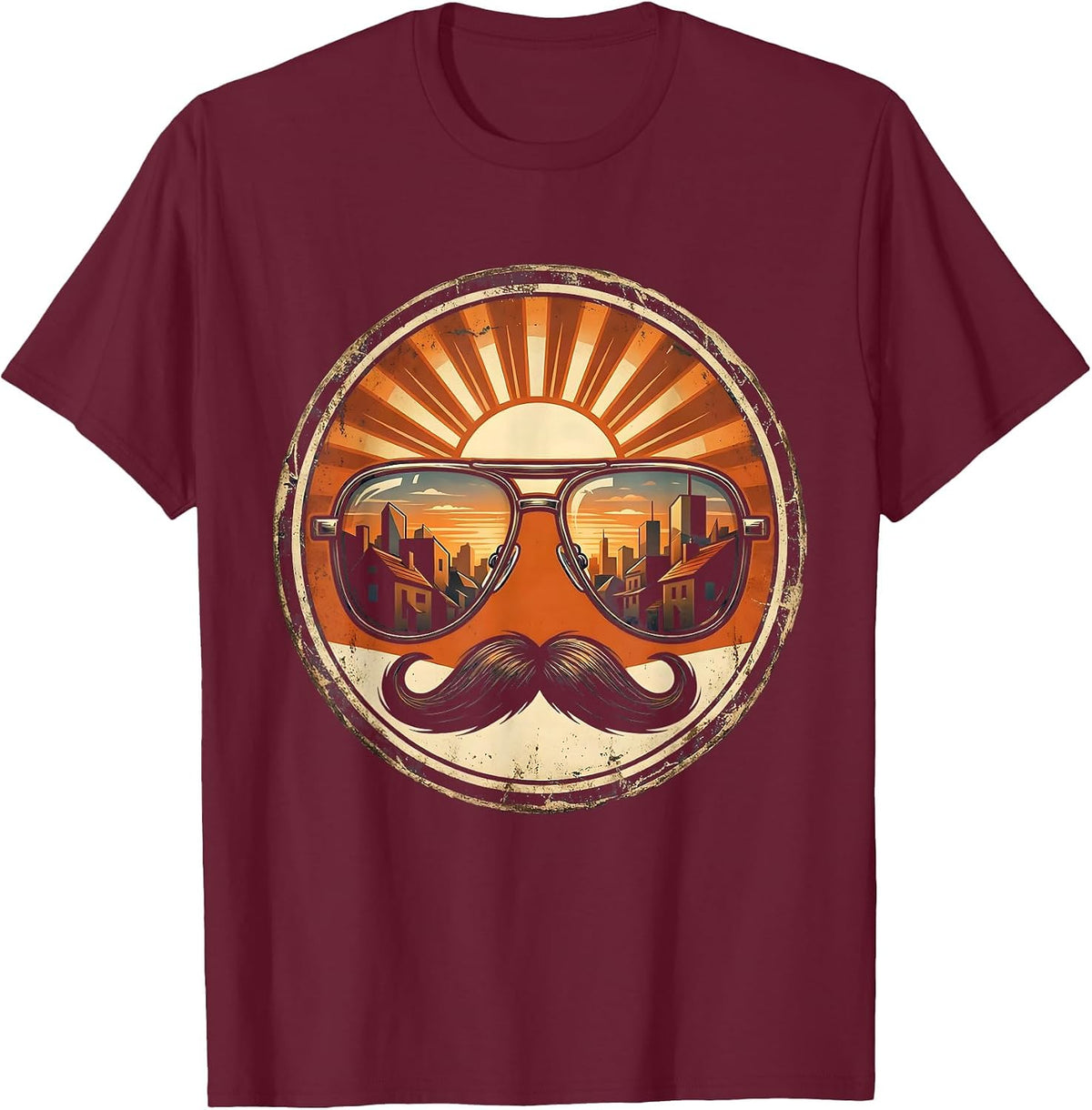 Men's Aviator Sunglasses Sunset Skyline Retro 80s Design T-Shirt - Burgundy